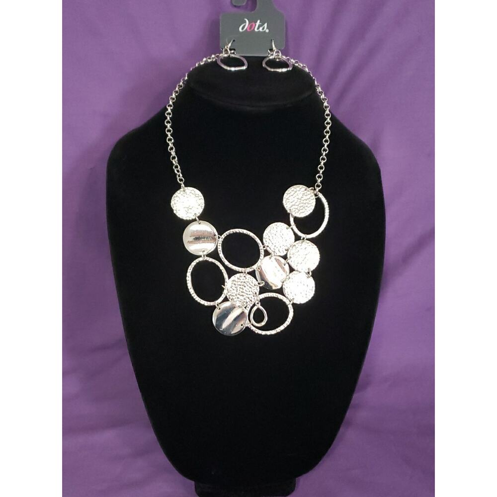 Dots Brand Statement Bib Style Necklace And Earrings Set Silver Tone Metal New